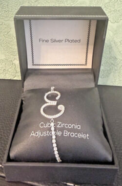 NEW - Script Letter E Silverplated Cubic Zirconia Bolo Adjustable Bracelet NIB
